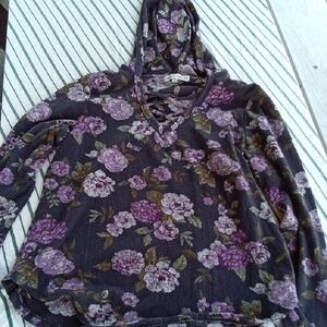 Womans XL Absolutely Famous Pullover Black Relaxed Tie Front Hoodie Dark Floral